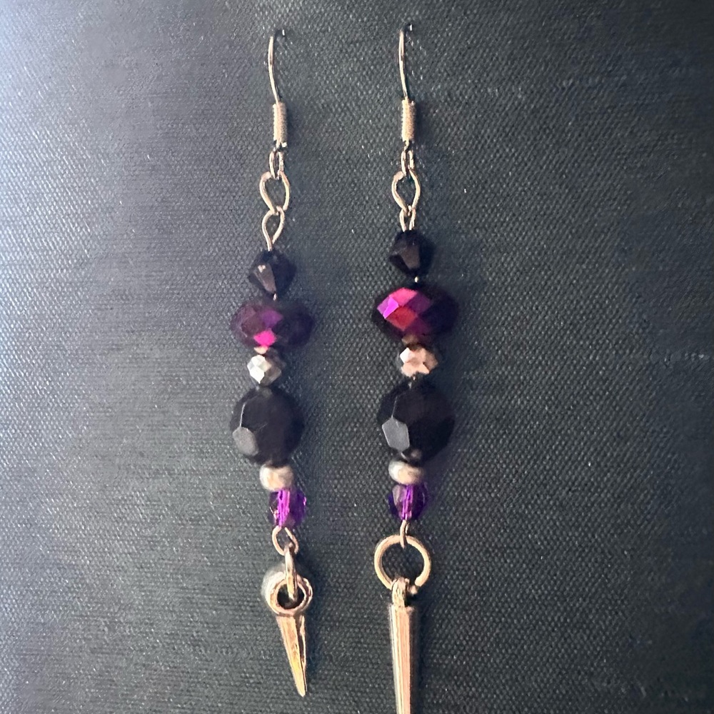 Goth purple and black spike earrings - silver hardware
